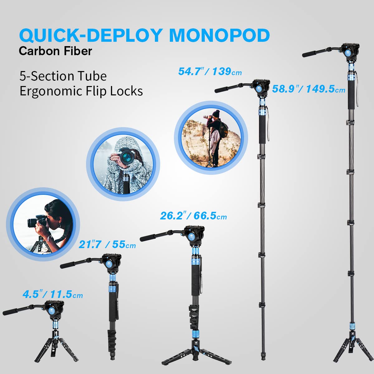 Sirui P 325 Series Camera Monopod, Lightweight Carbon Fiber Monopod With Feet,Professional Monopod For Cameras, 360� Panorama, 5 Section, Quick Release (P 325Fs+Vh 10)